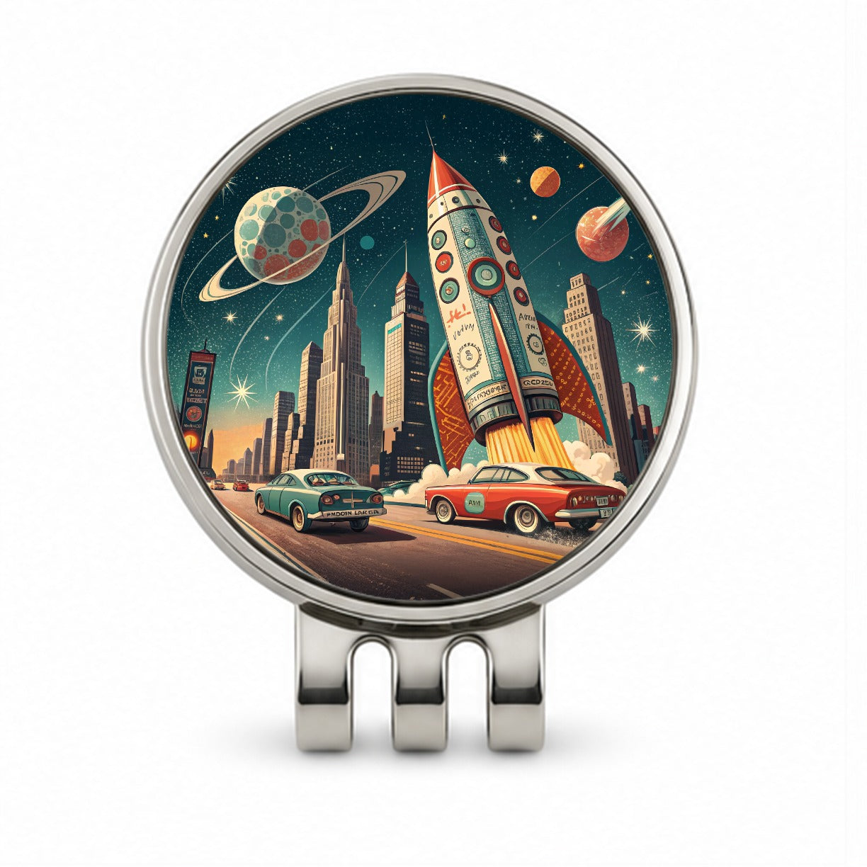 Retro Sci-fi 60's Poster Art Rocket Golf Hat Clip with Ball Marker