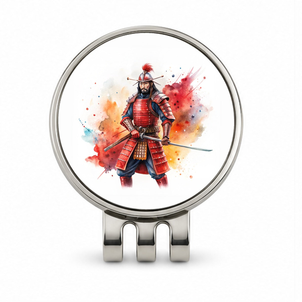 Samurai With Katana And Red Armor Watercolor Golf Hat Clip with Ball Marker