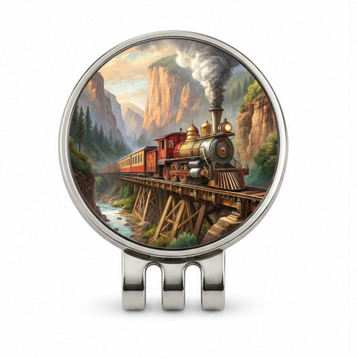 Steam Locomotive Crossing Gorge Old West Western Golf Hat Clip with Ball Marker