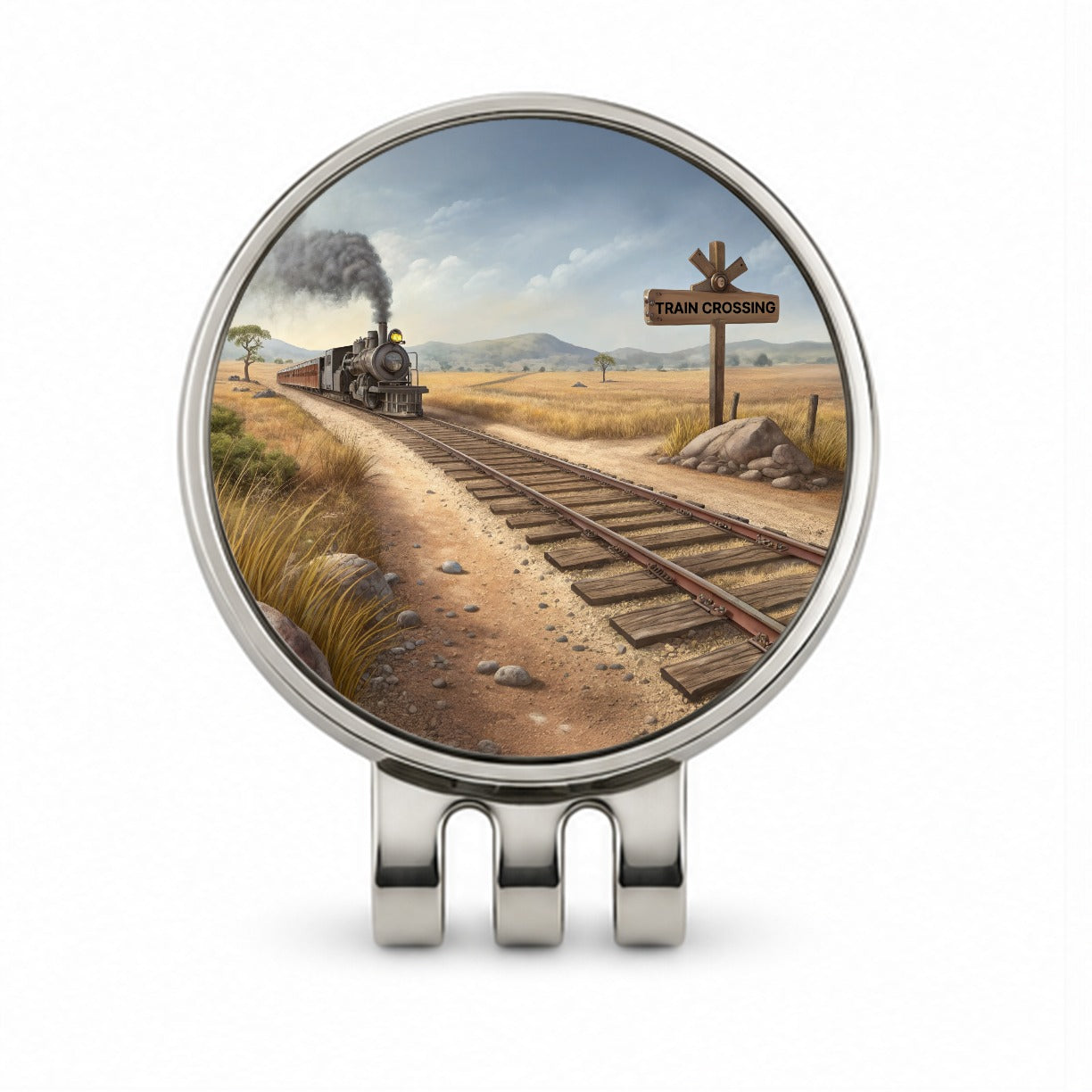 Steam Locomotive Train Crossing Old West Western Golf Hat Clip with Ball Marker