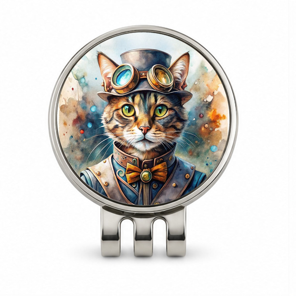 Steampunk Cat Hat and Goggles Watercolor Golf Hat Clip with Ball Marker