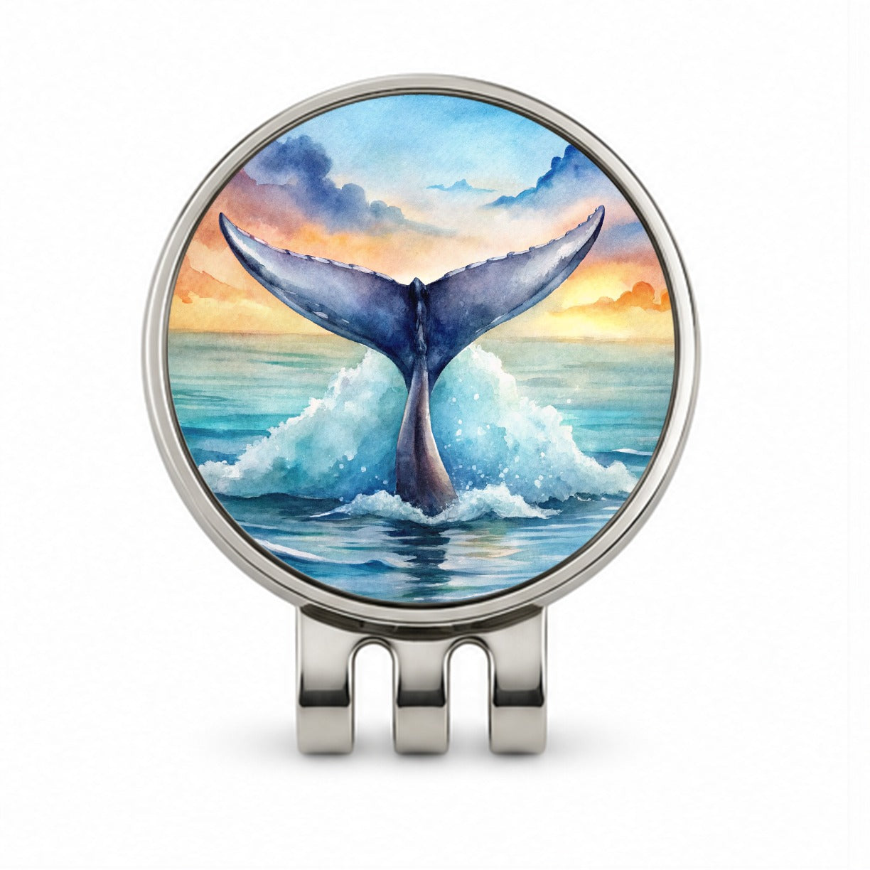 Whale Tail Ocean Watercolor Golf Hat Clip with Ball Marker