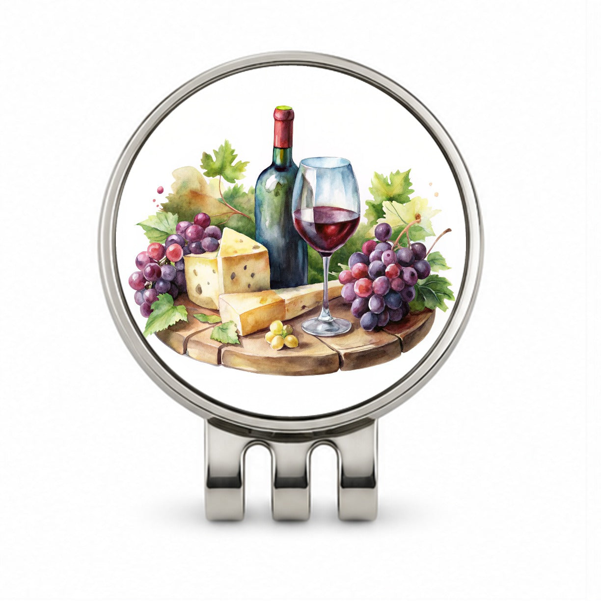Wine Cheese Grapes on Board Watercolor Golf Hat Clip with Ball Marker