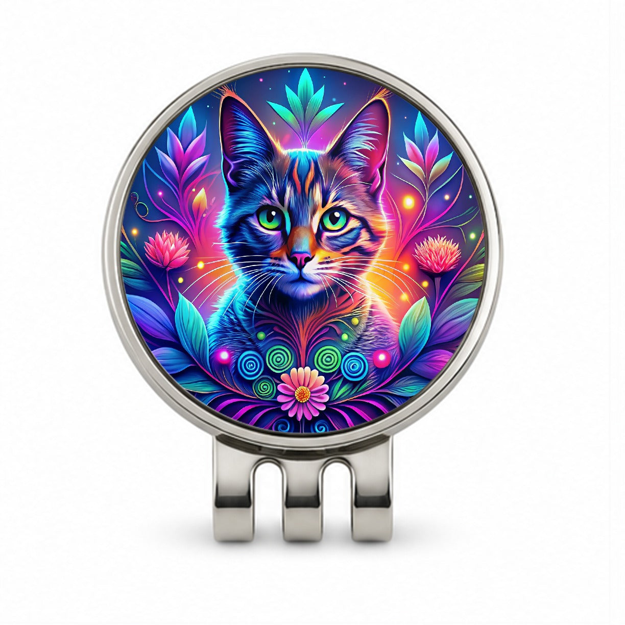 Abstract Neon Cat And Floral Design Golf Hat Clip with Ball Marker