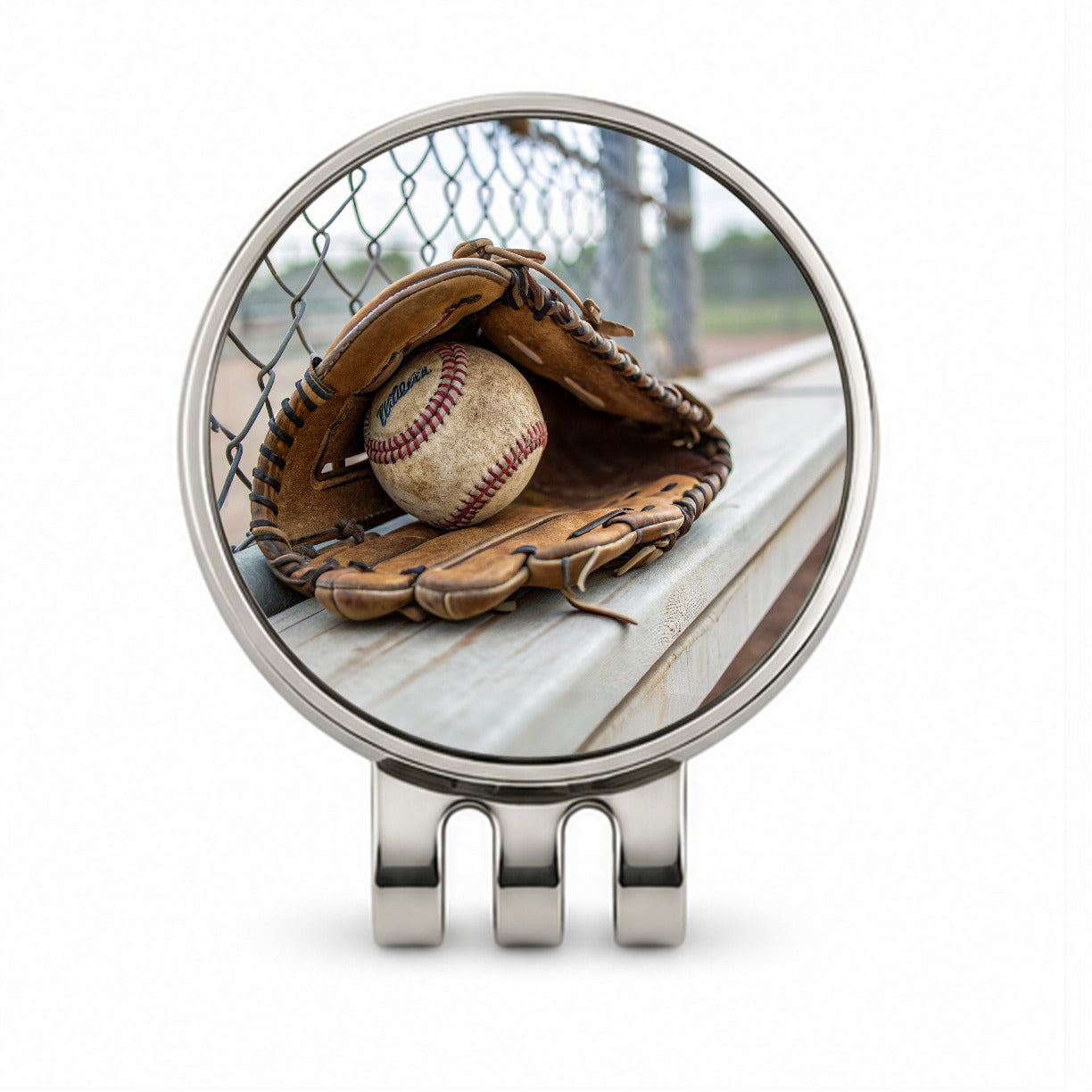 Baseball Glove With Baseball on Dugout Bench Golf Hat Clip with Ball Marker
