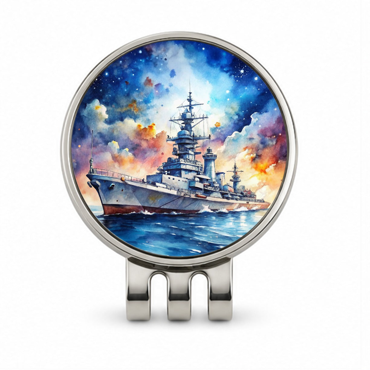 Battleship Under Fantasy Sky Watercolor Golf Hat Clip with Ball Marker