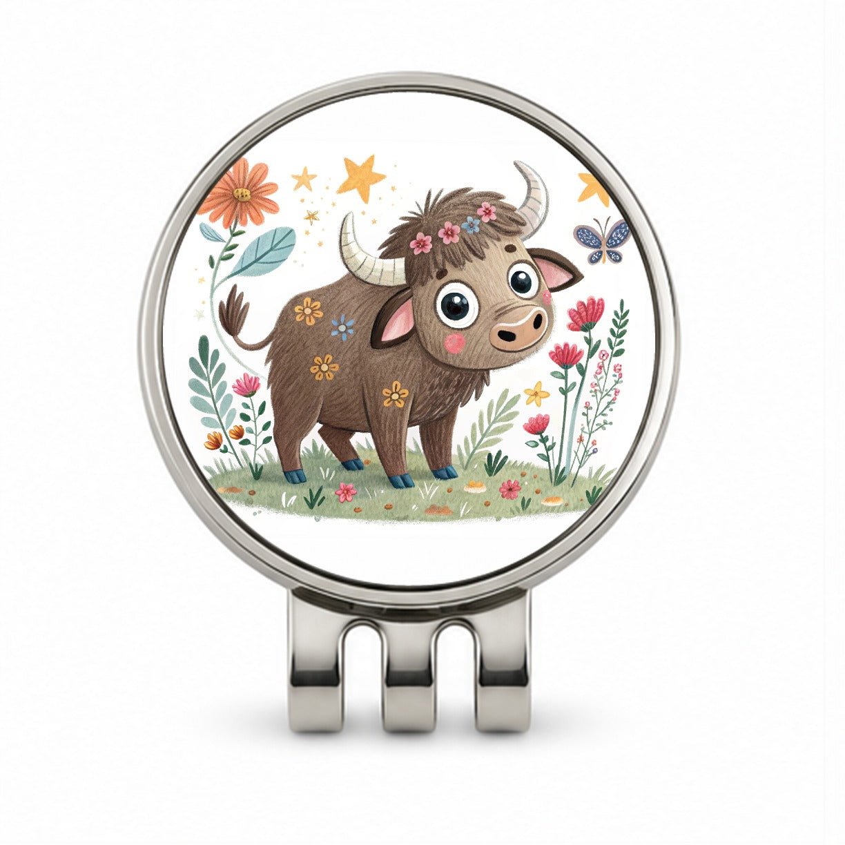 Bison Buffalo Children's Illustration Style Golf Hat Clip with Ball Marker