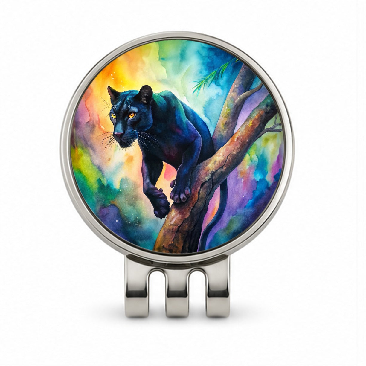 Black Panther In Tree Watercolor Golf Hat Clip with Ball Marker