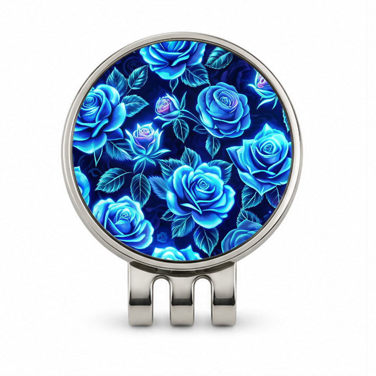 Blue Neon Rose Floral Pattern Golf Hat Clip with Ball Marker