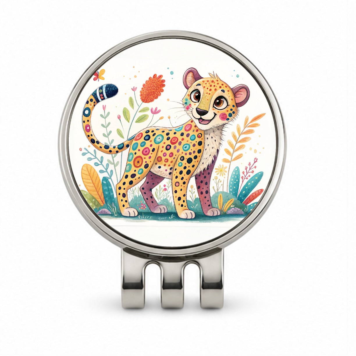Cheetah Children's Illustration Style Golf Hat Clip with Ball Marker