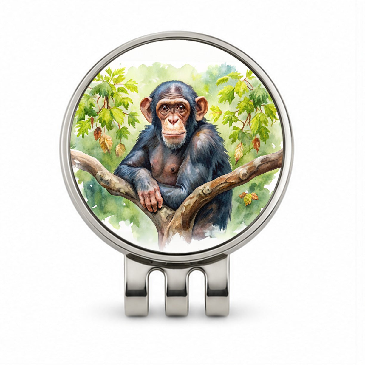 Chimpanzee Monkey In Tree Watercolor Golf Hat Clip with Ball Marker