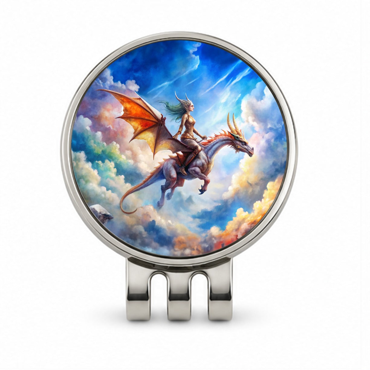 Dragon and Rider Flying Watercolor Golf Hat Clip with Ball Marker