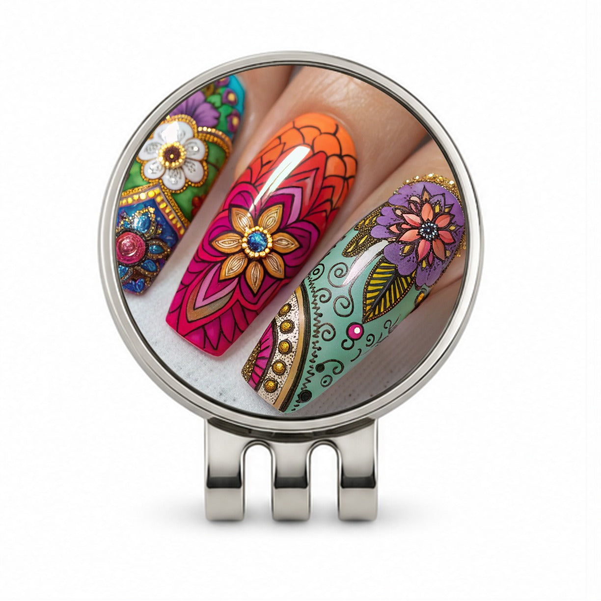 Elaborately Painted Decorated Finger Nails Golf Hat Clip with Ball Marker