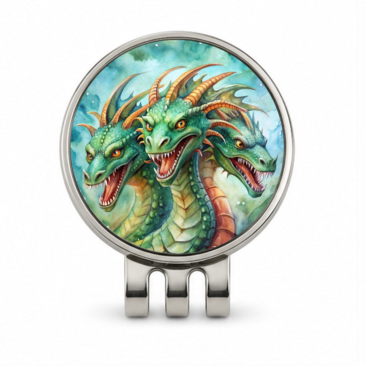 Fantasy Hydra Heads Mythical Monster Watercolor Golf Hat Clip with Ball Marker