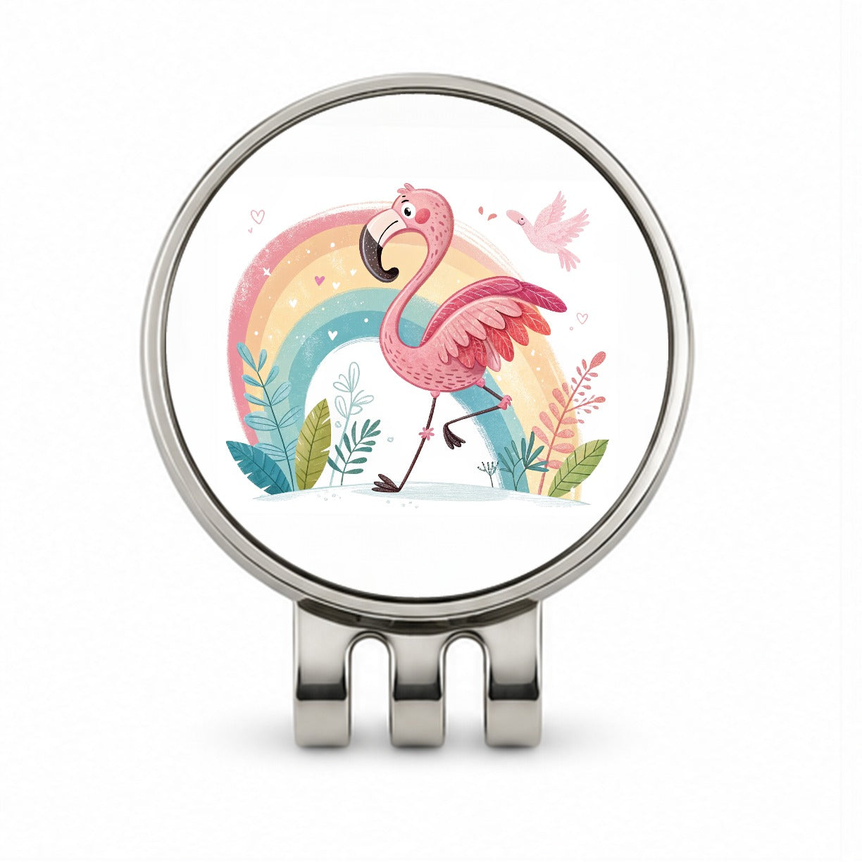 Flamingo and Rainbow Children's Illustration Style Golf Hat Clip with Ball Marker