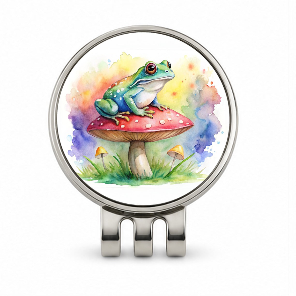 Frog Sitting On A Magical Mushroom Watercolor Golf Hat Clip with Ball Marker