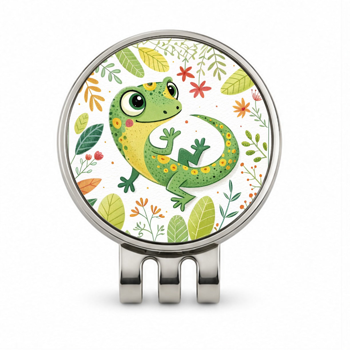 Gecko Lizard Children's Illustration Style Golf Hat Clip with Ball Marker