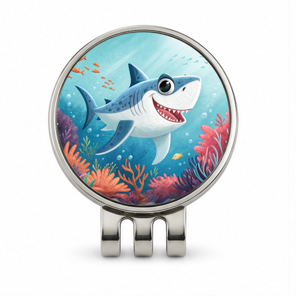 Great White Shark Children's Illustration Style Golf Hat Clip with Ball Marker