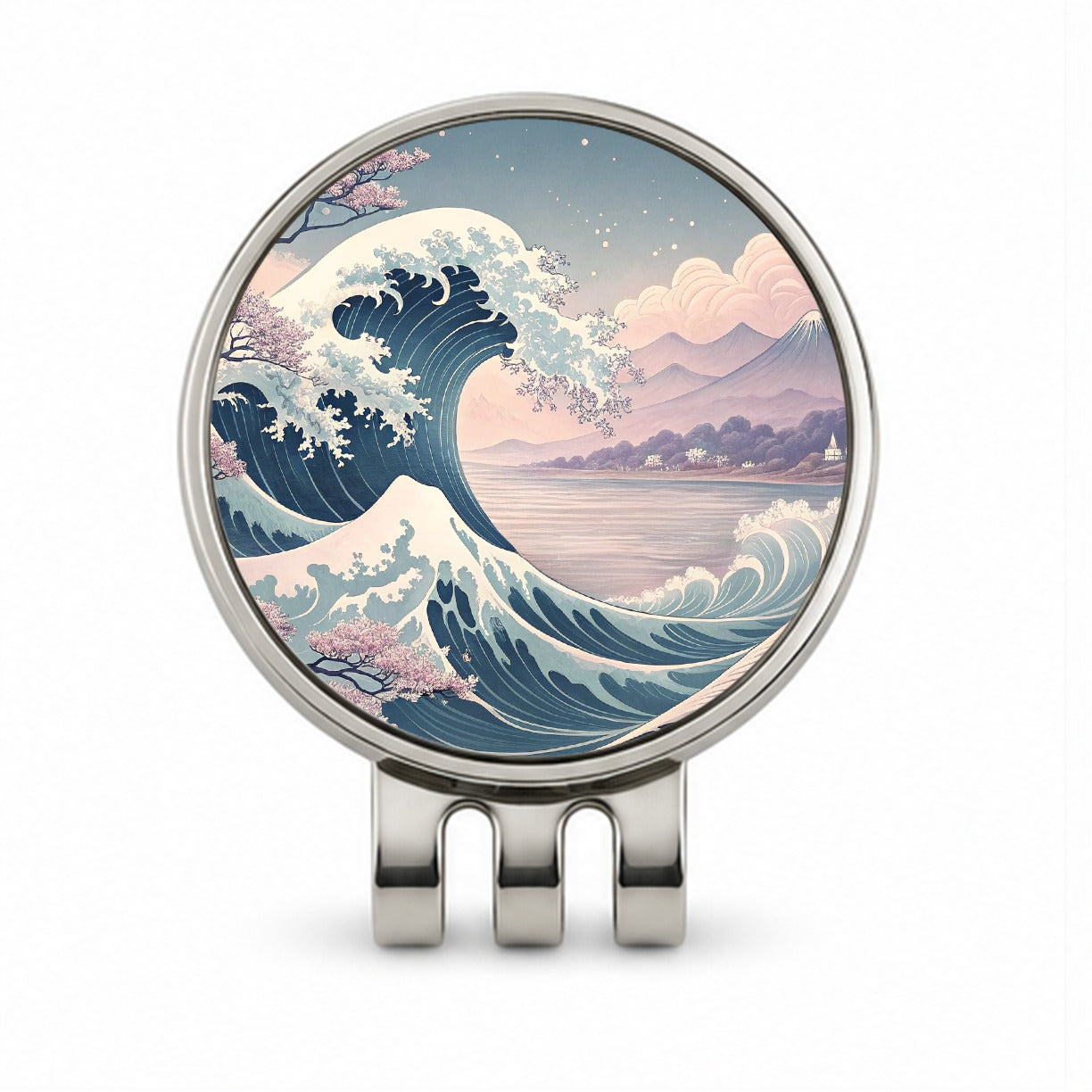 Japanese Blue Pink Ocean Waves and Sakura Blossoms Golf Hat Clip with Ball Marker