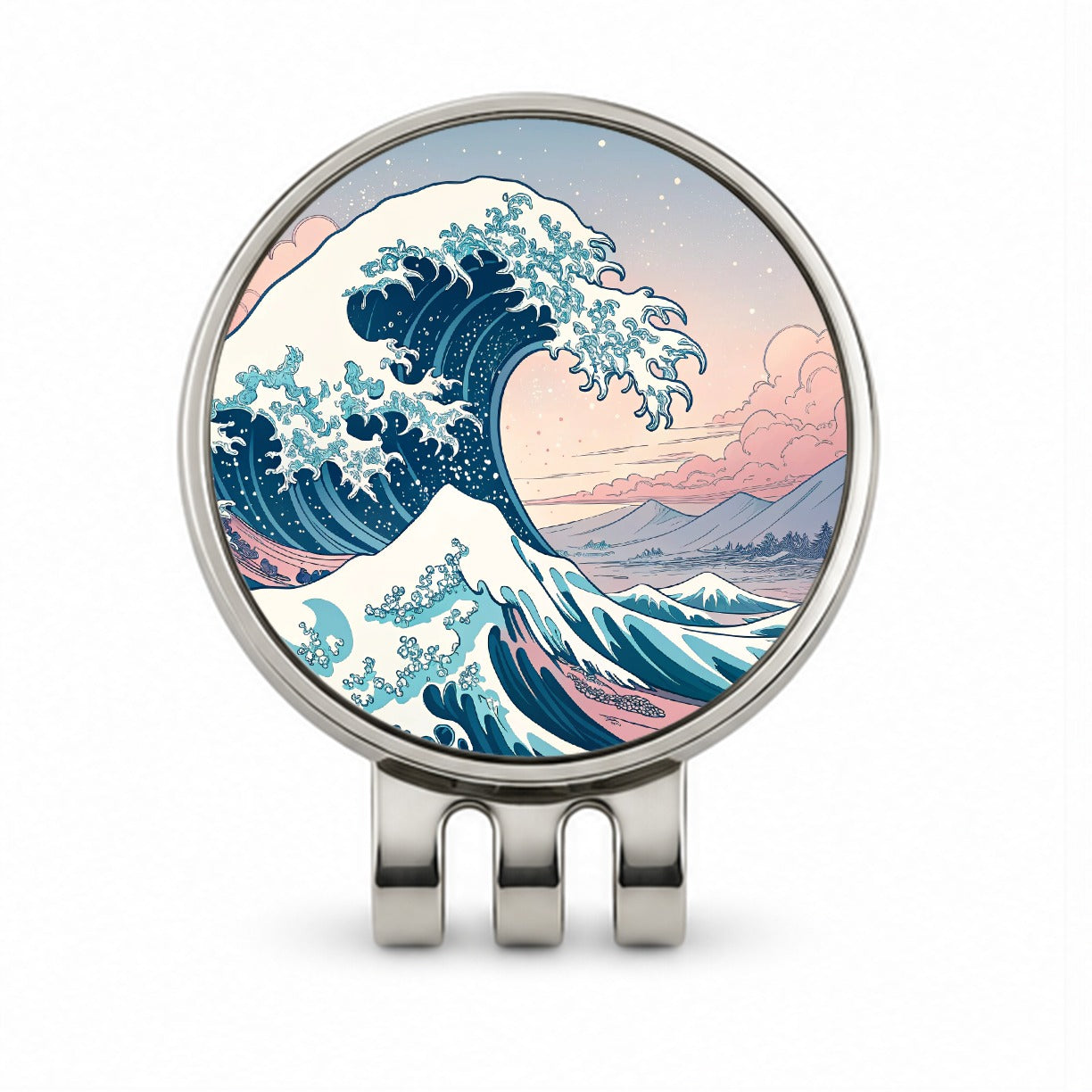 Japanese Blue Pink Ocean Waves Golf Hat Clip with Ball Marker