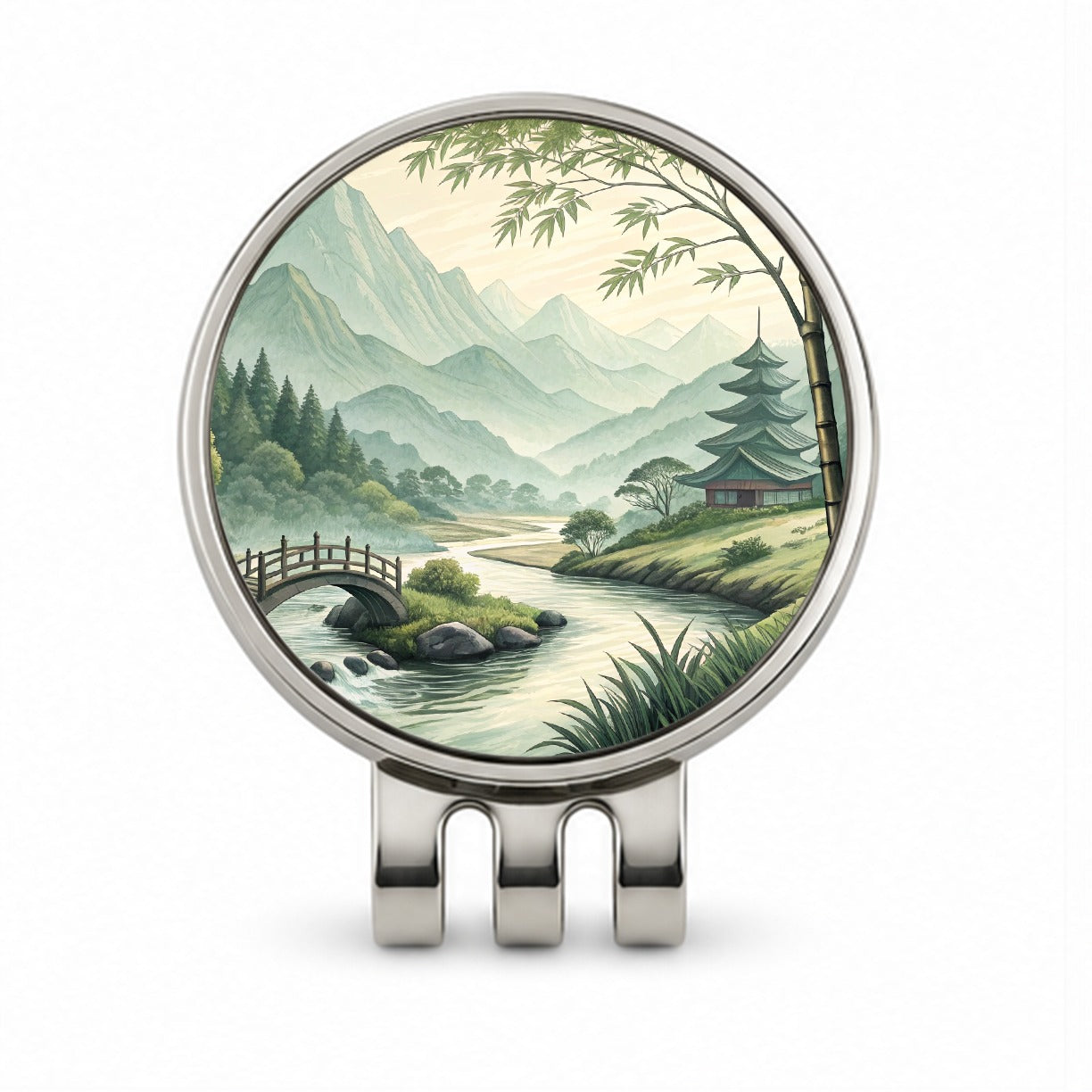 Japanese Style Ink Painting Landscape Golf Hat Clip with Ball Marker