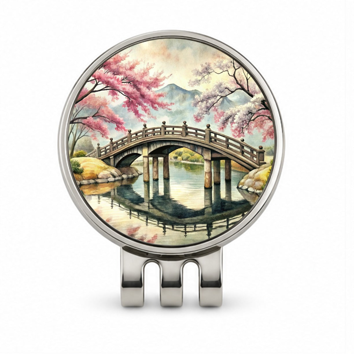 Japanese Style Ink Painting Sakura Trees Bridge Water Landscape Golf Hat Clip with Ball Marker
