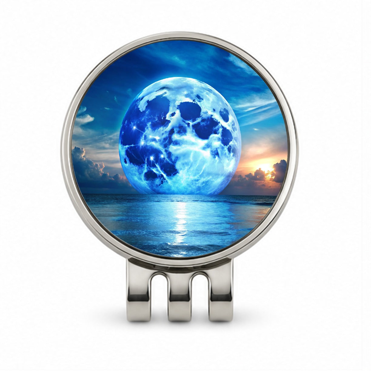 Large Blue Moon Over The Ocean Horizon Golf Hat Clip with Ball Marker