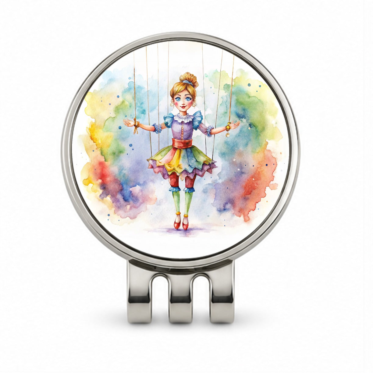 Marionette Puppet on Strings Watercolor Golf Hat Clip with Ball Marker
