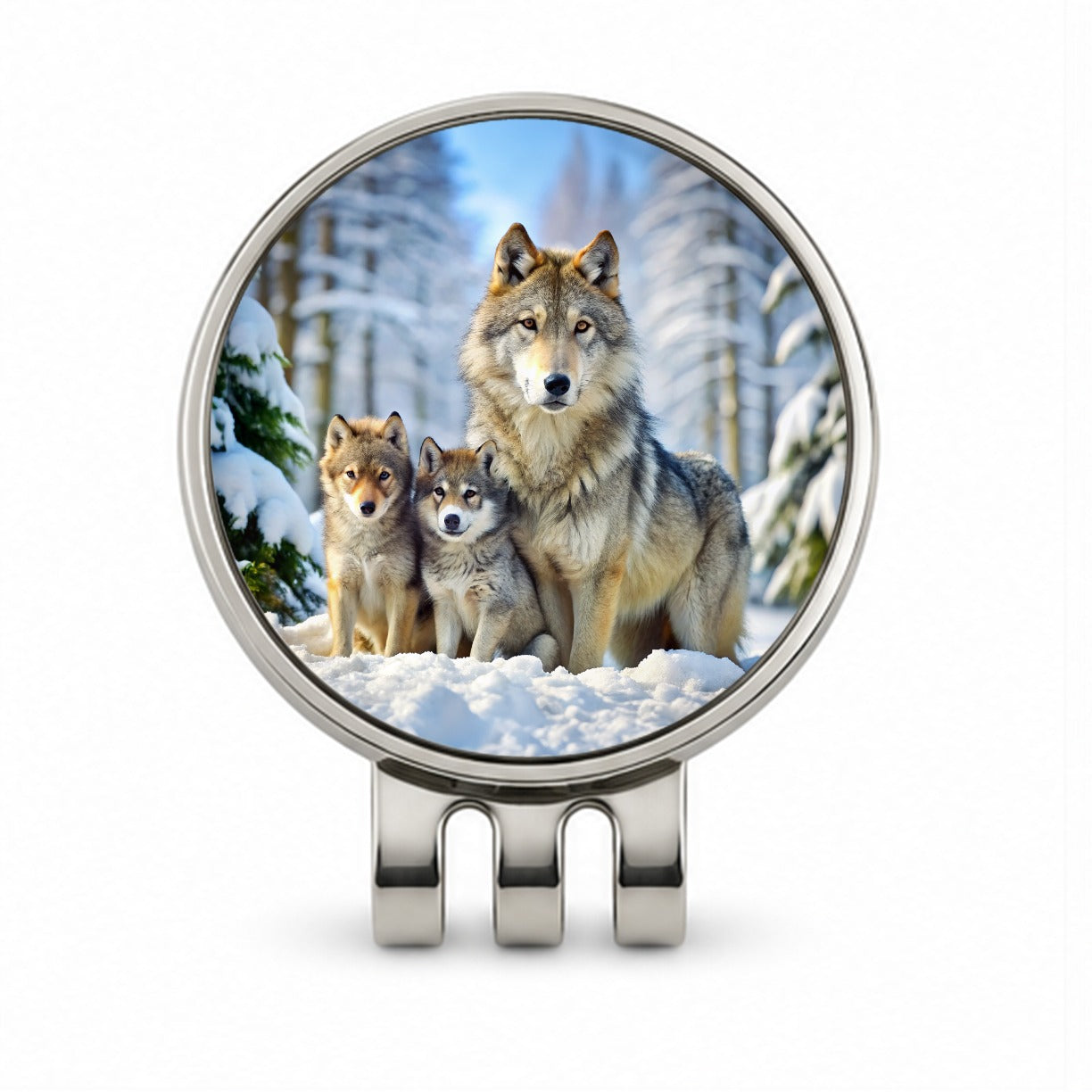 Mother Wolf And Pups In Winter Golf Hat Clip with Ball Marker