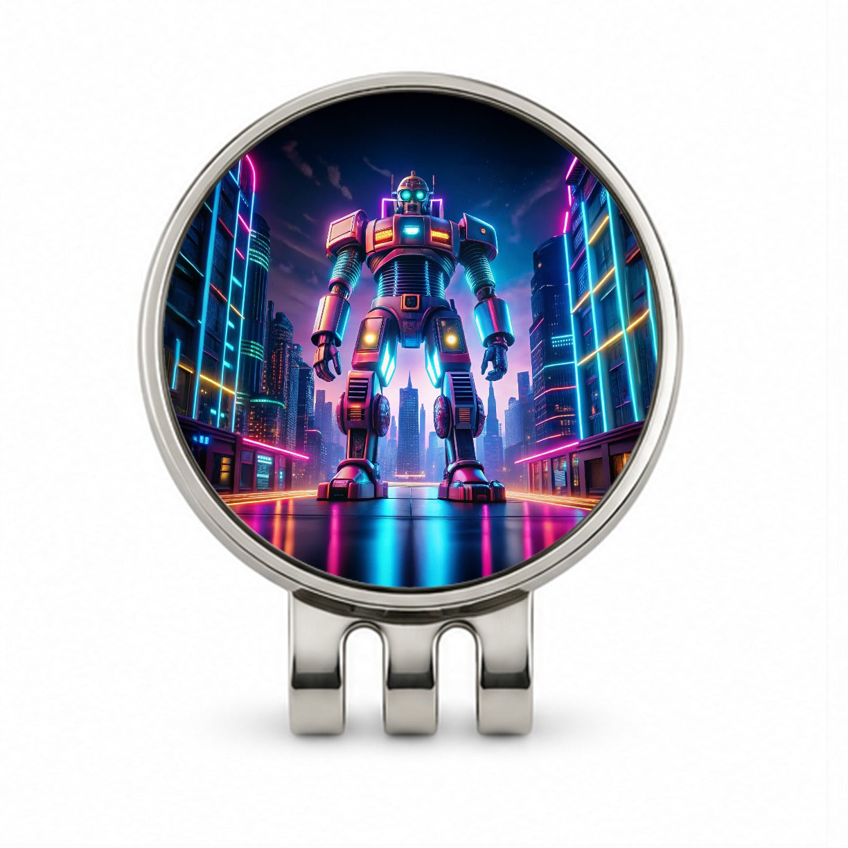 Neon Giant Sci-fi Robot Golf Hat Clip with Ball Marker