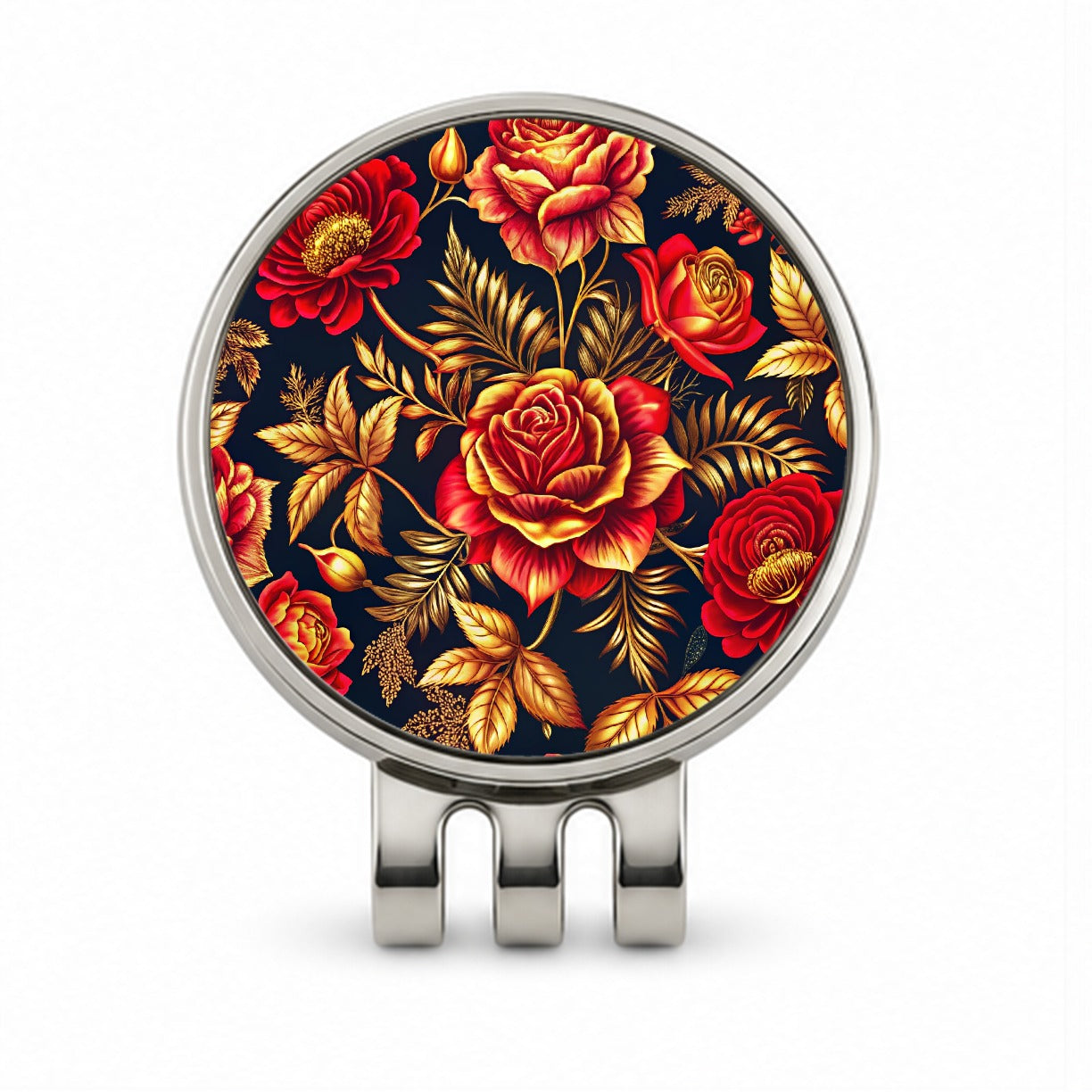 Neon Red And Gold Rose Floral Pattern Golf Hat Clip with Ball Marker