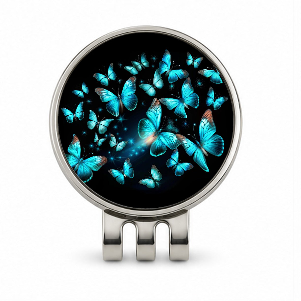 Neon Teal Blue Butterflies Golf Hat Clip with Ball Marker