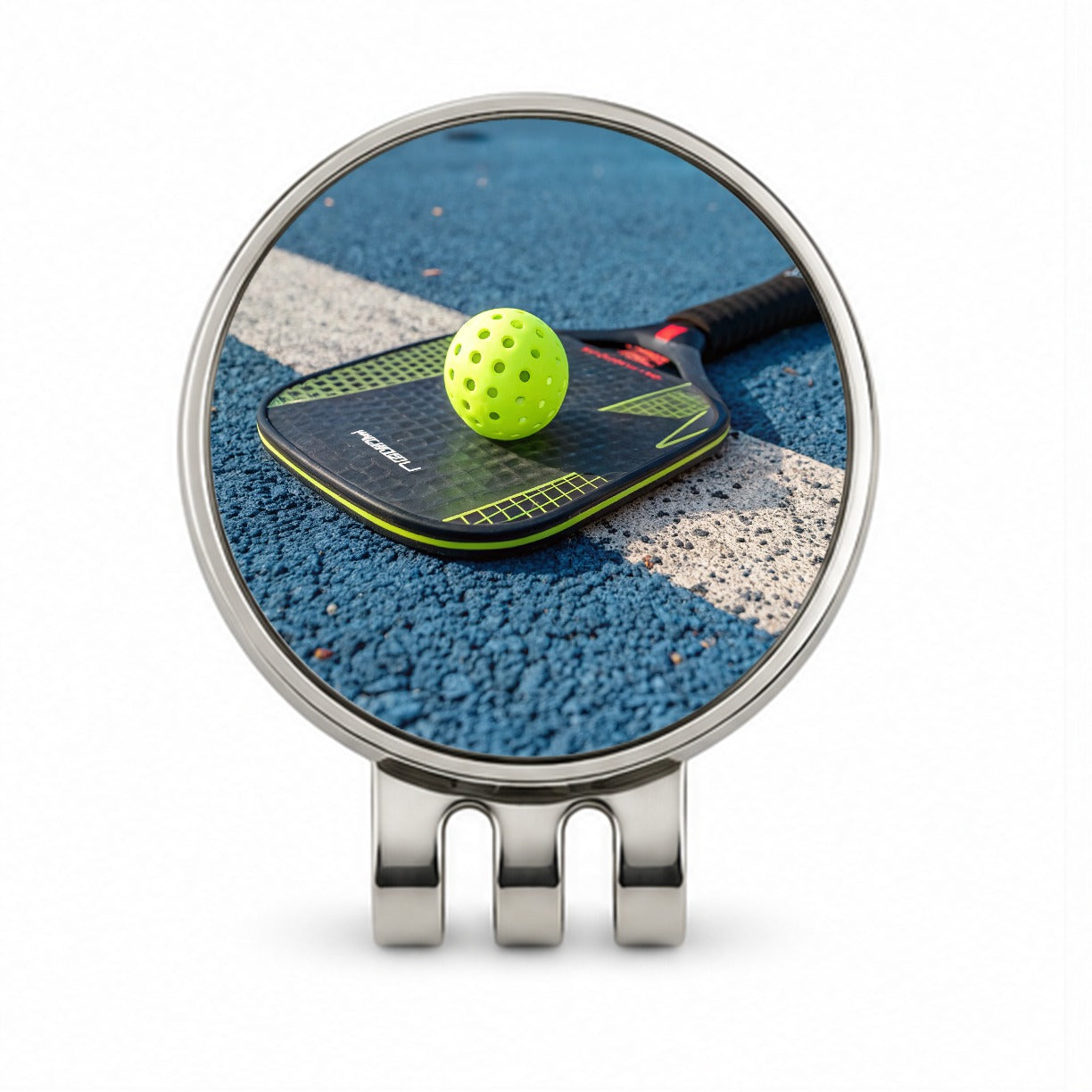 Pickleball Paddle and Ball on Court Golf Hat Clip with Ball Marker