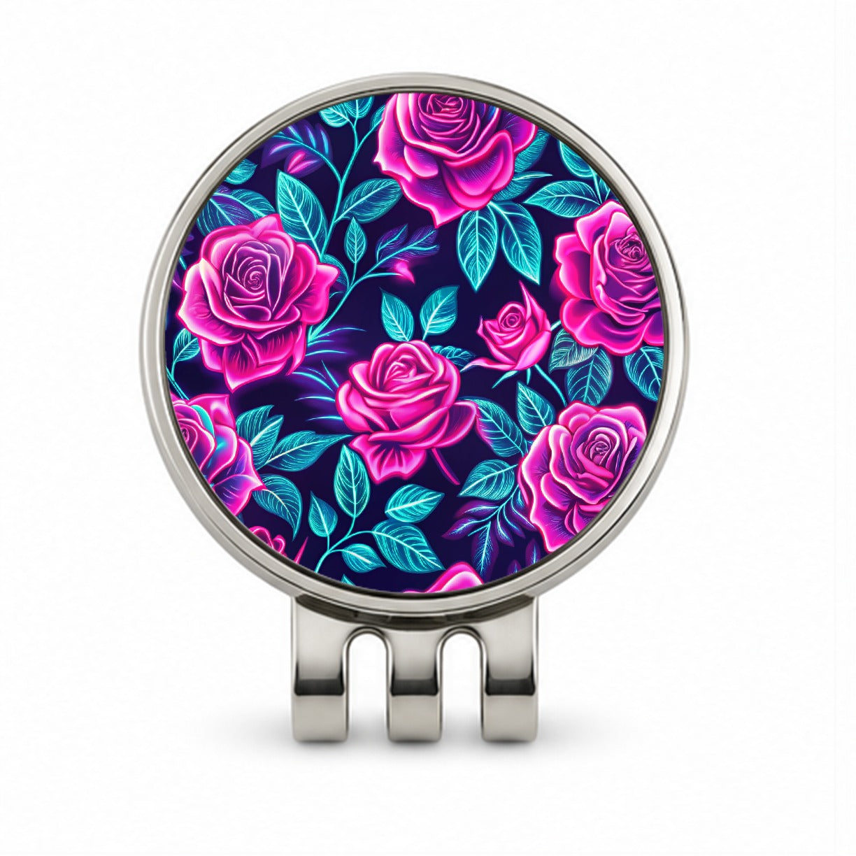 Pink Neon Rose Floral Pattern Golf Hat Clip with Ball Marker