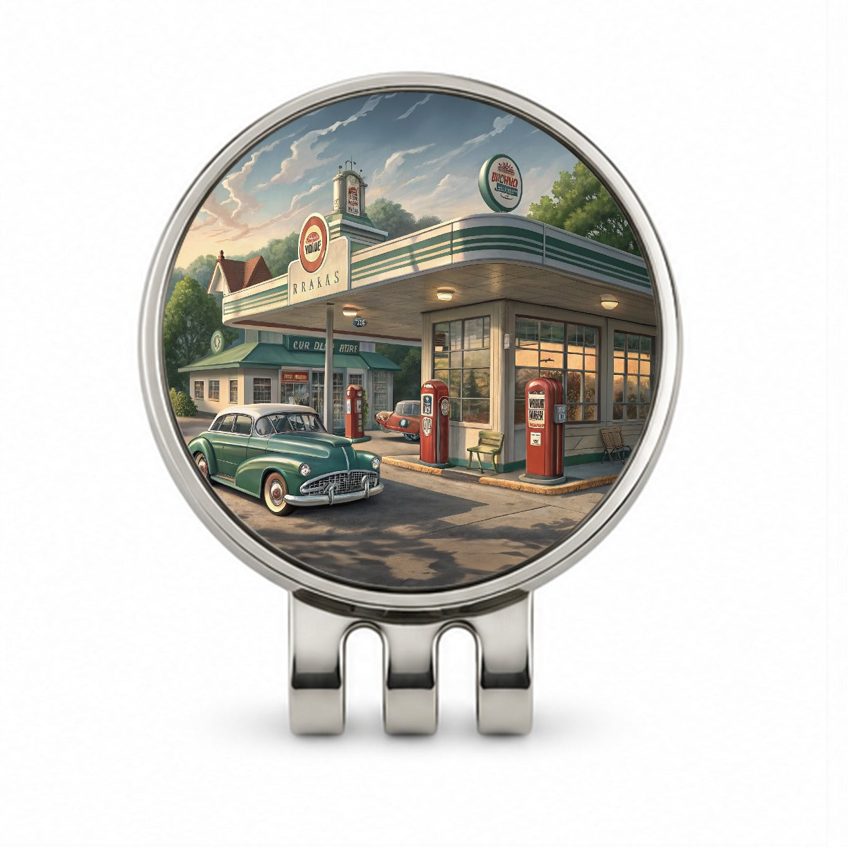 Retro Americana 1950's Main Street Gas Station Golf Hat Clip with Ball Marker