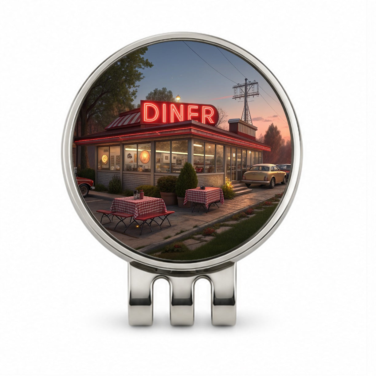 Retro Classic Roadside Dinner With Neon Sign Golf Hat Clip with Ball Marker