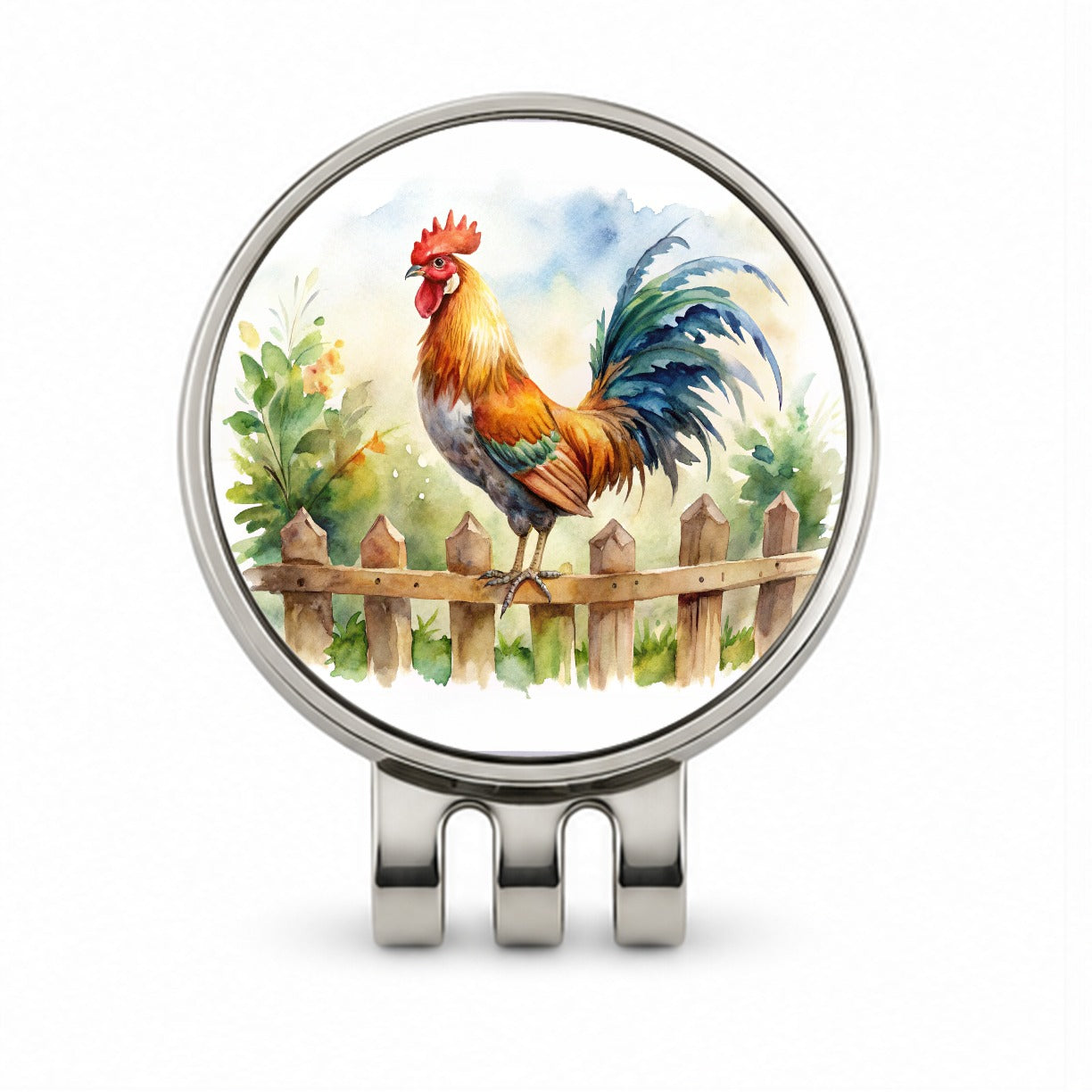 Rooster On Fence Watercolor Golf Hat Clip with Ball Marker