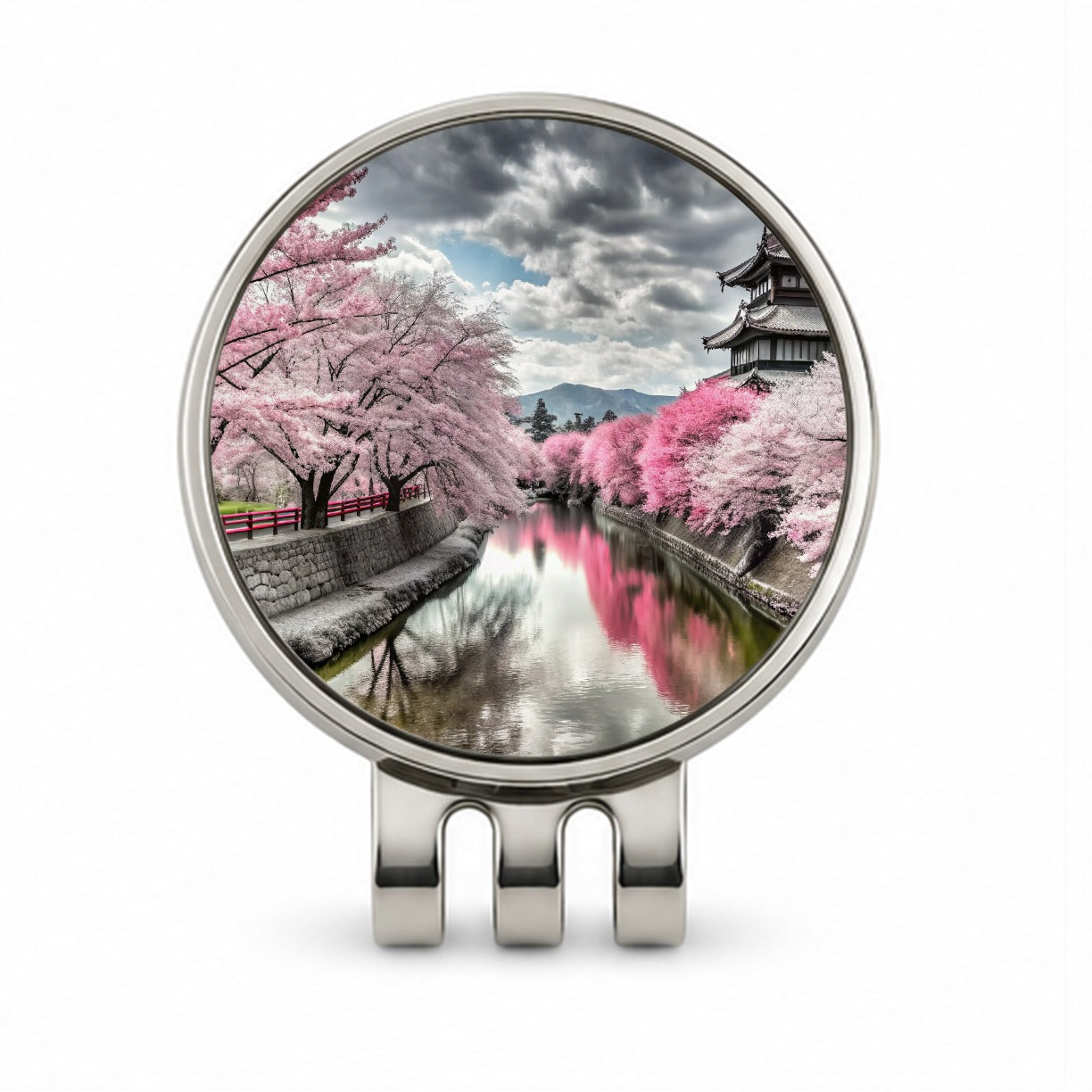 Sakura Trees Along River Japanese Scene Golf Hat Clip with Ball Marker