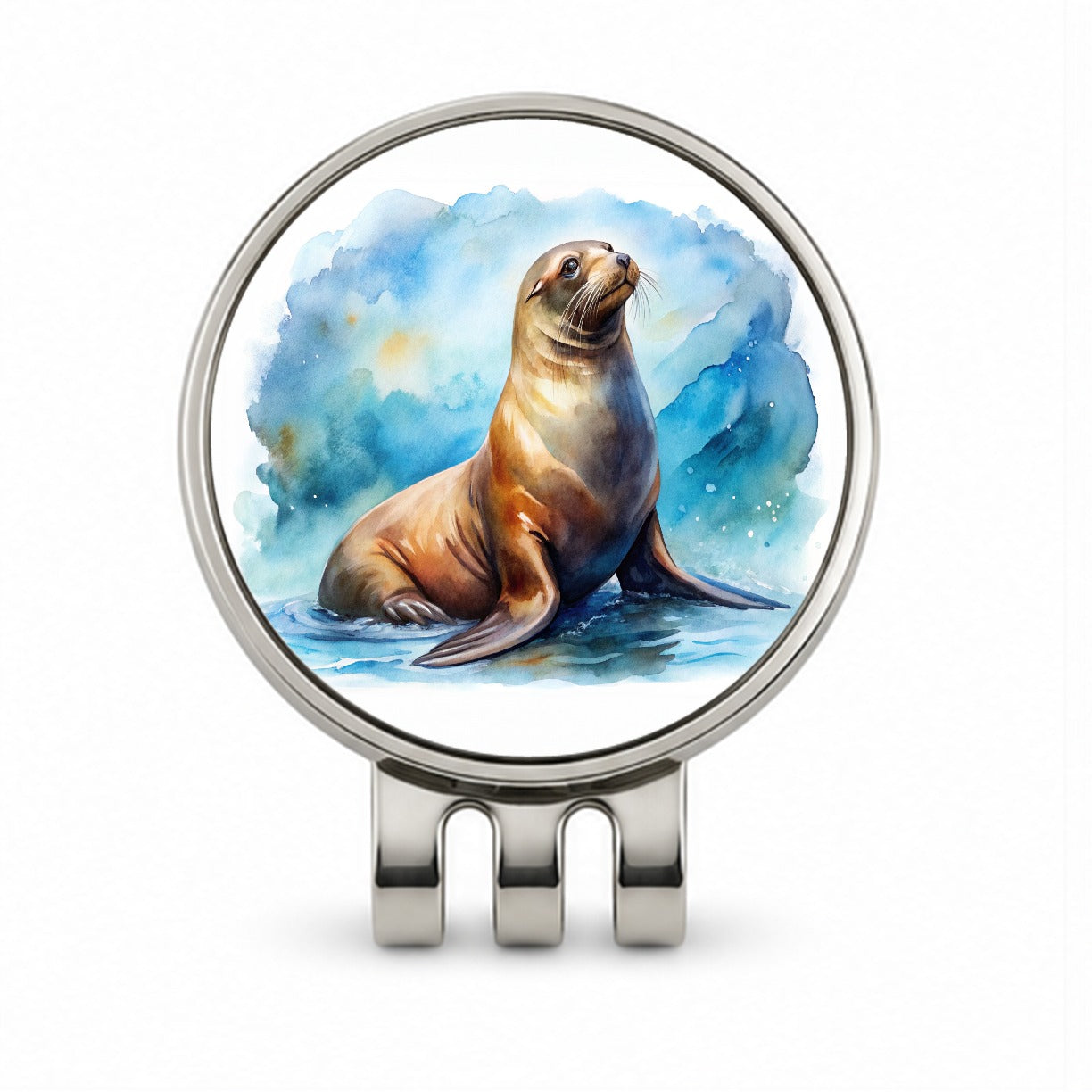 Sea Lion Watercolor Golf Hat Clip with Ball Marker