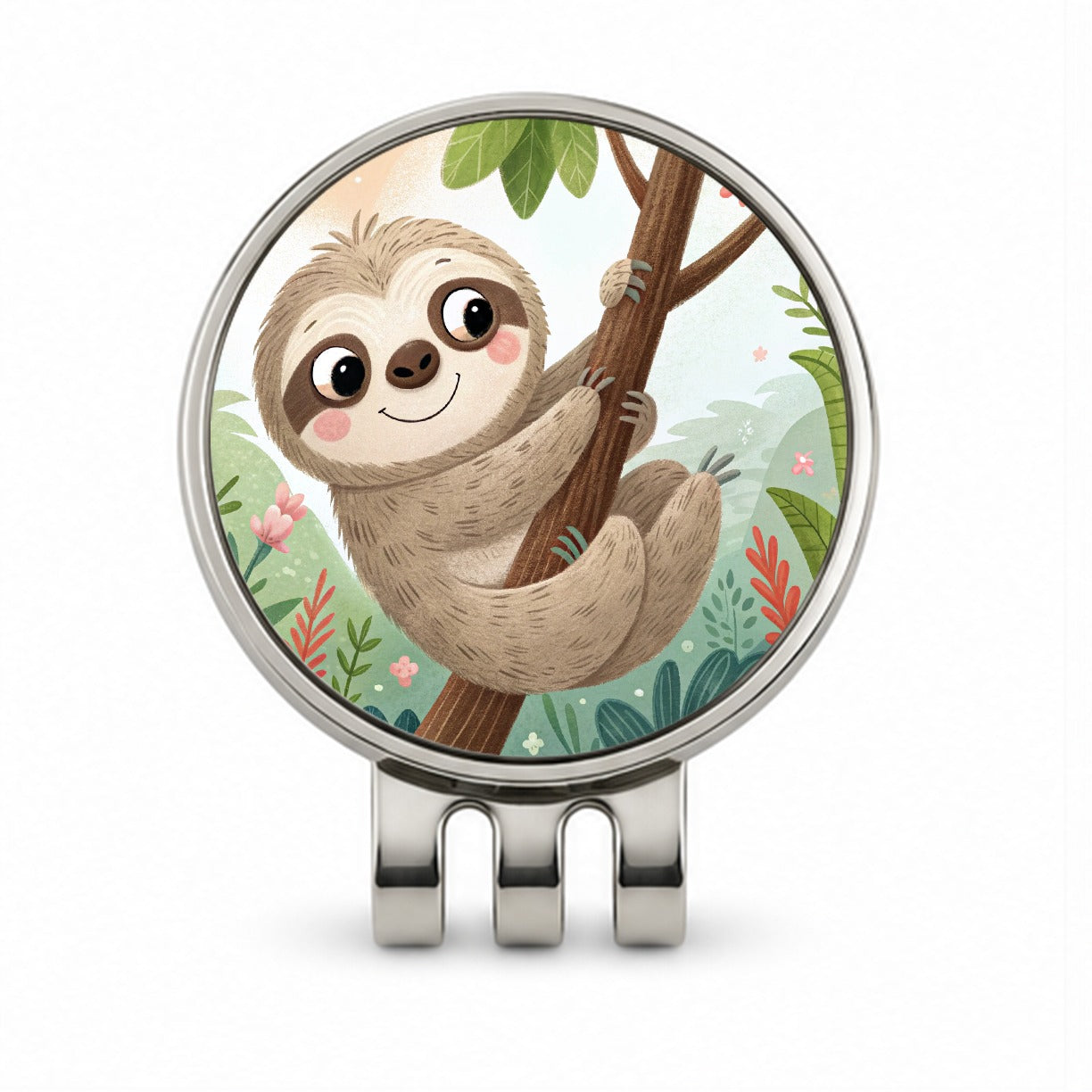 Sloth on Tree Children's Illustration Style Golf Hat Clip with Ball Marker