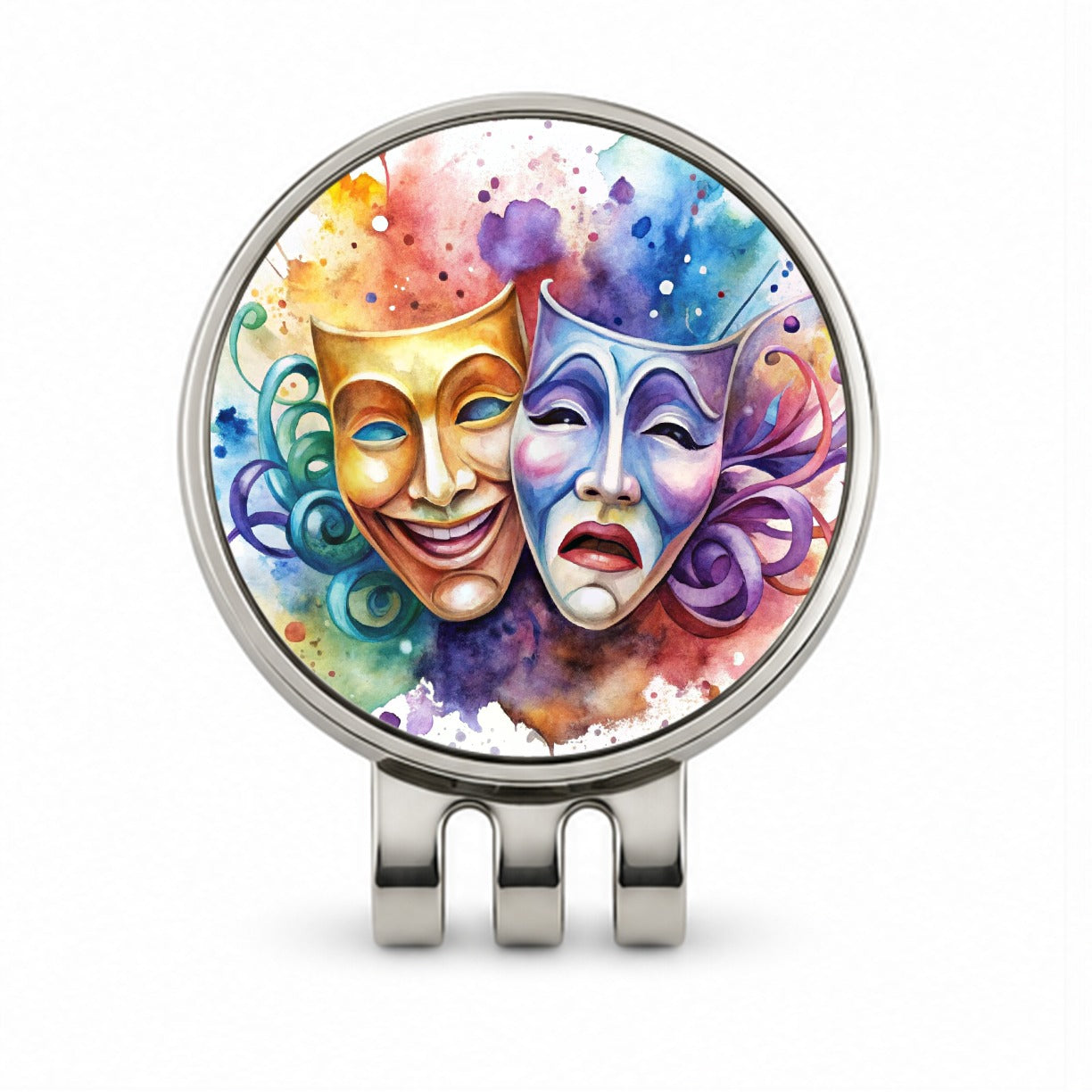 Theater Drama Masks Watercolor Golf Hat Clip with Ball Marker