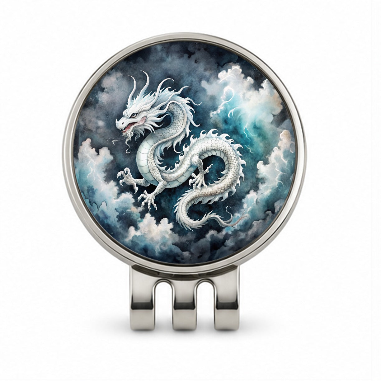 White Asian Dragon On Black Watercolor Golf Hat Clip with Ball Marker