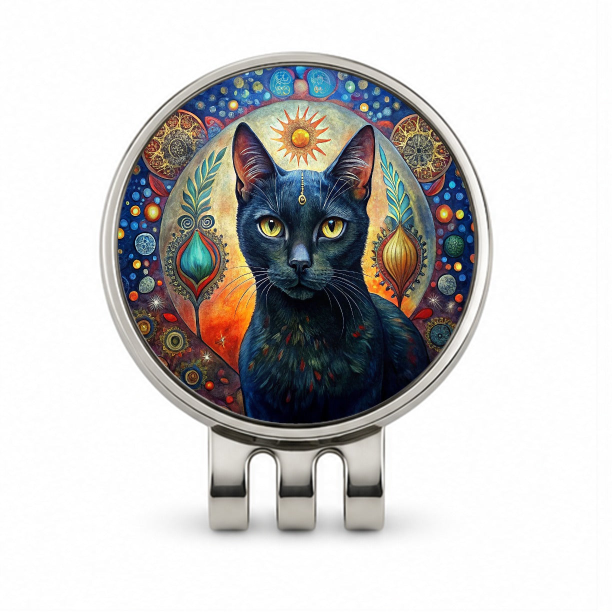 Black Cat Bohemian Art Golf Hat Clip with Ball Marker
