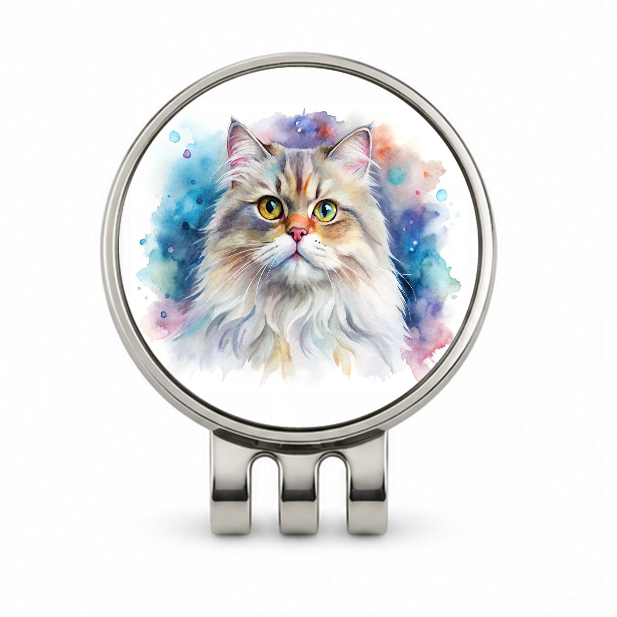 Persian Cat Watercolor Style Golf Hat Clip with Ball Marker