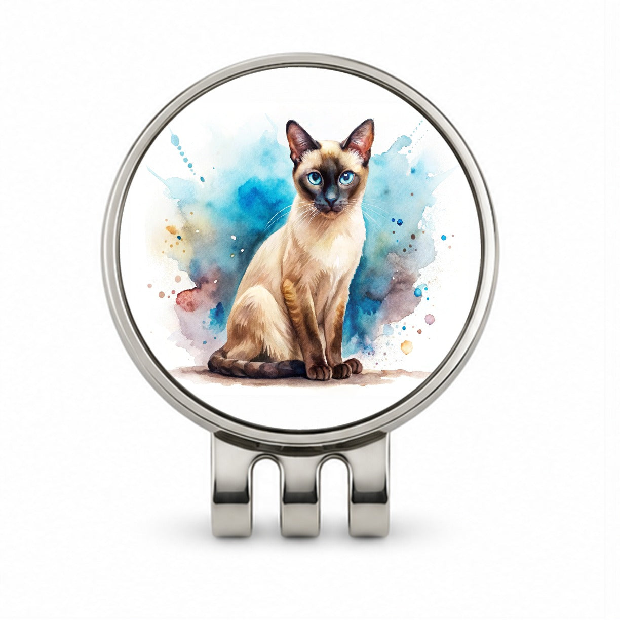 Siamese Cat Watercolor Style Golf Hat Clip with Ball Marker