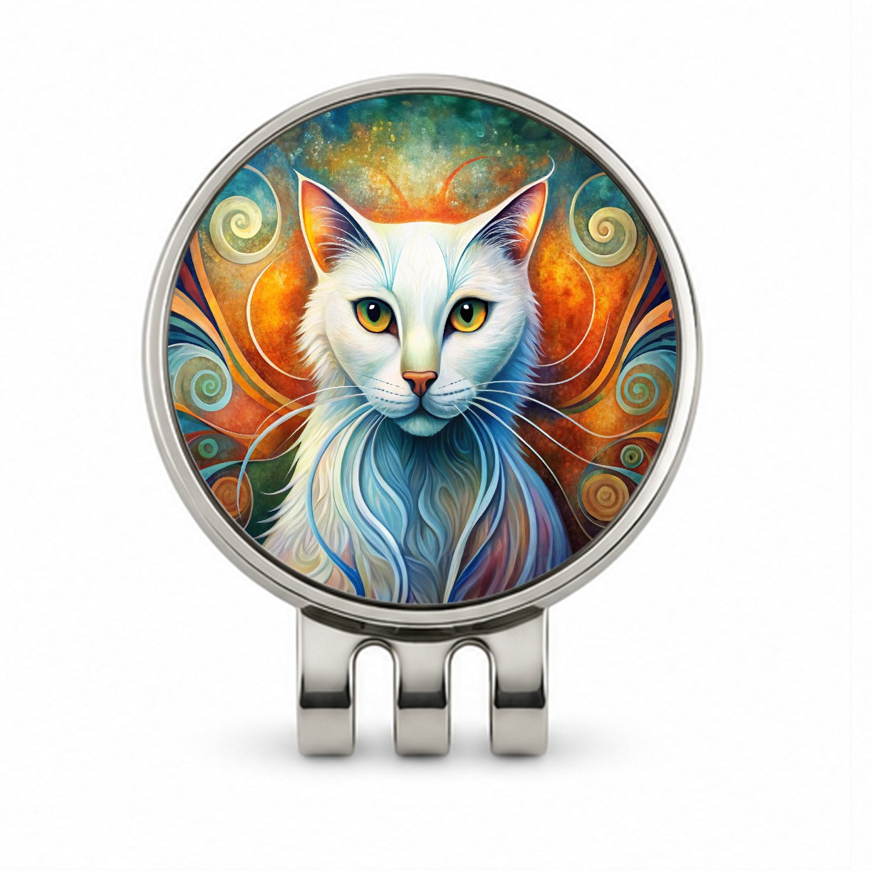 White Cat Abstract Stylized Art Golf Hat Clip with Ball Marker
