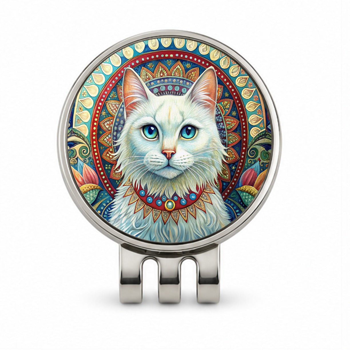 White Cat Bohemian Art Golf Hat Clip with Ball Marker