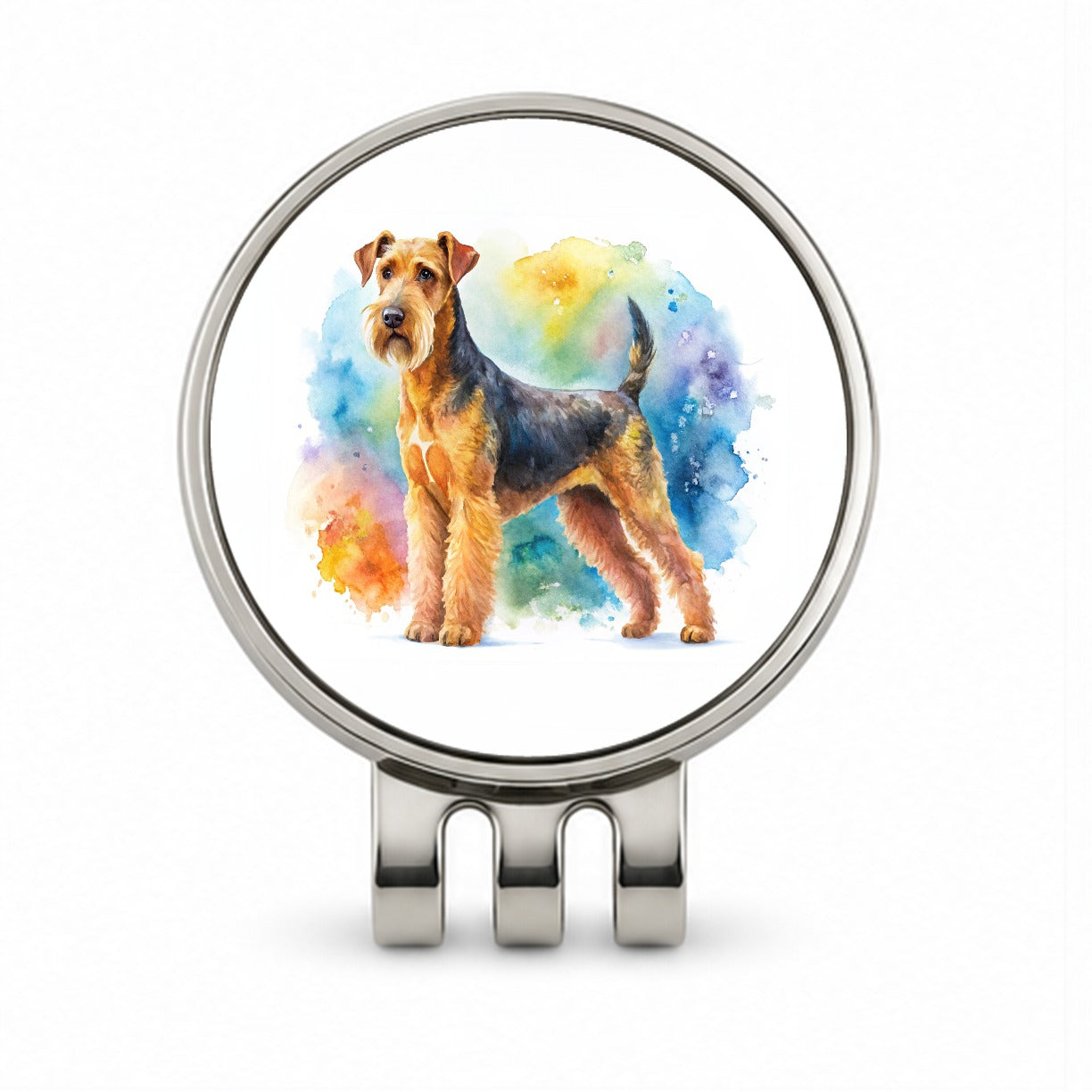 Airedale Terrier Dog Watercolor Style Golf Hat Clip with Ball Marker