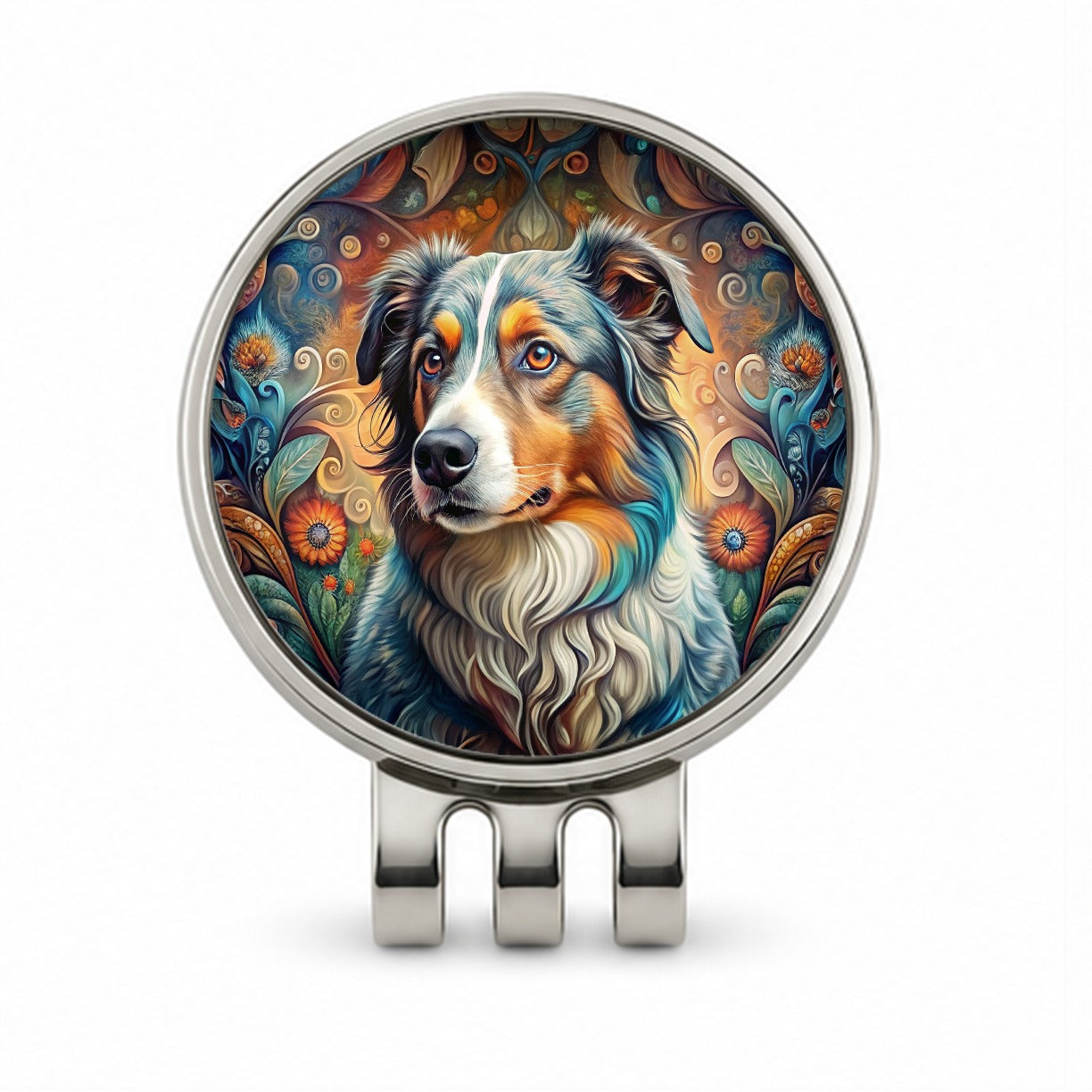 Australian Shepherd Dog Bohemian Art Golf Hat Clip with Ball Marker