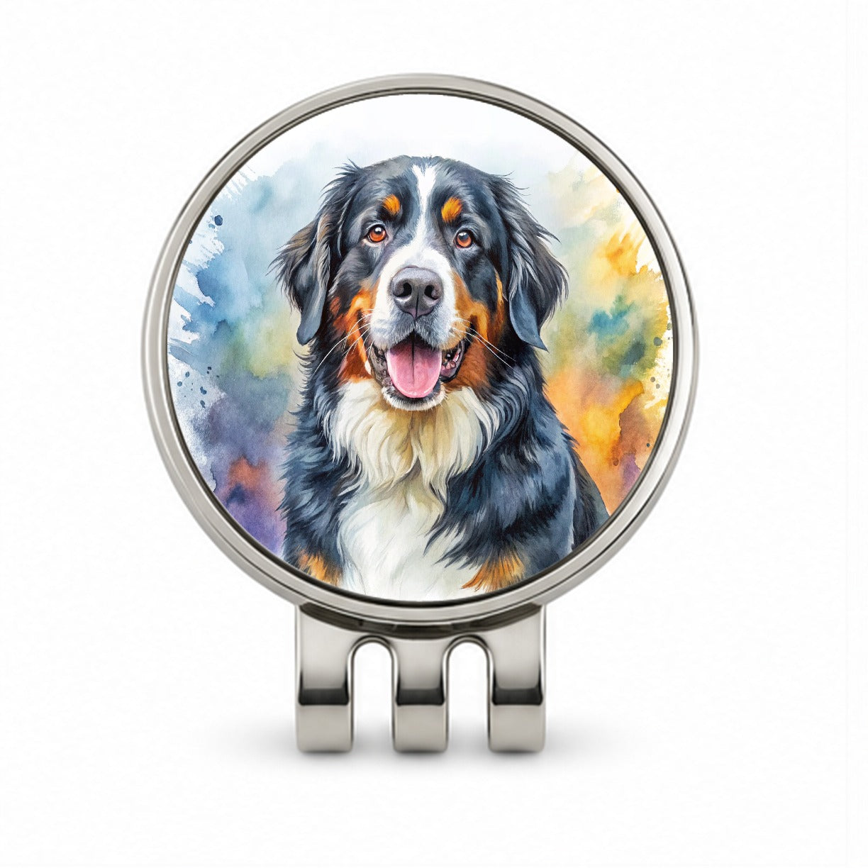 Bernese Mountain Dog Watercolor Style Golf Hat Clip with Ball Marker